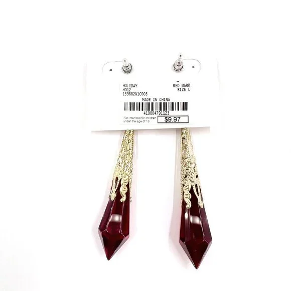 NWT – Charming Charlie – Red Jeweled Drop Glass Dangle Gold Tone 3.5” Earrings - Picture 8 of 8